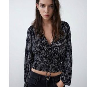 Zara pleated black and white polka dot blouse